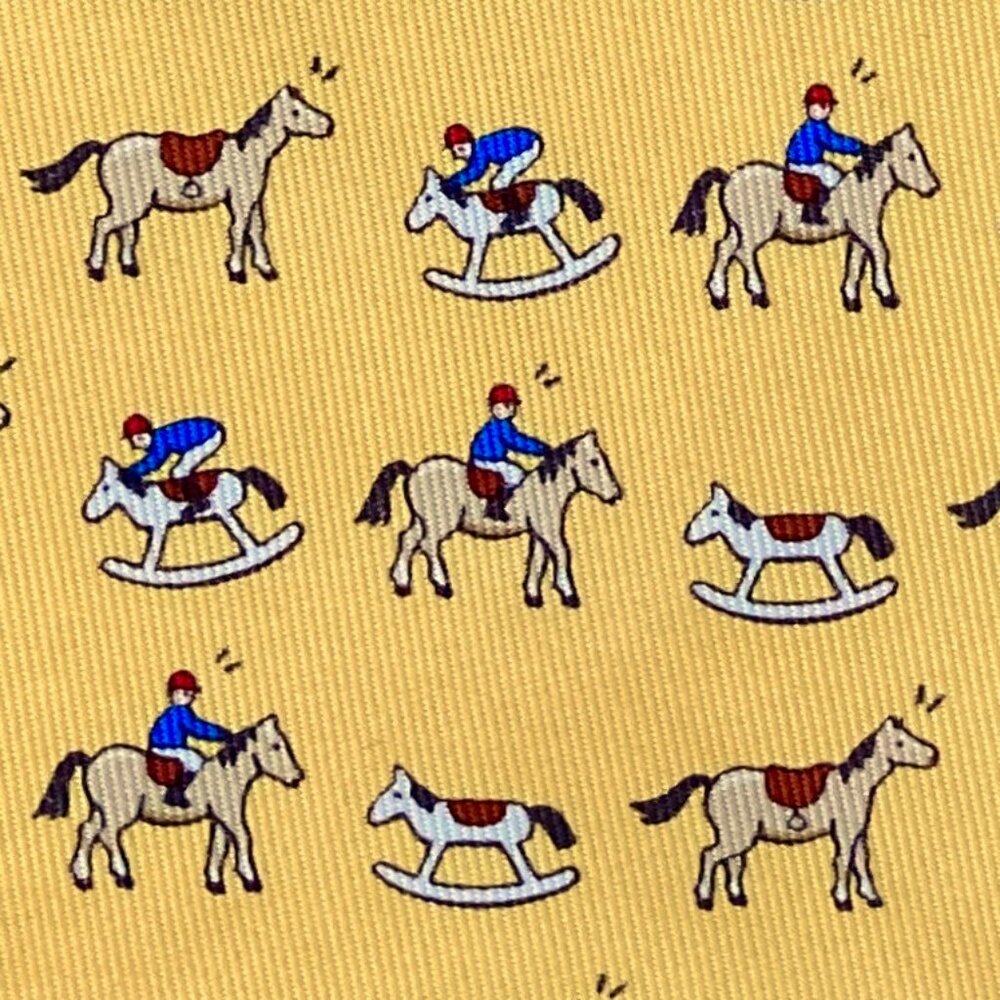 100% REAL HERMES TIE ~ YELLOW w FUN RED & BLUE ROCKING HORSE JOCKEYS HORSES XL